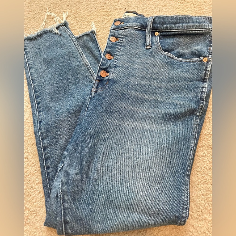Madewell, size 34, 10” High Rise, button fly, medium wash jeans.